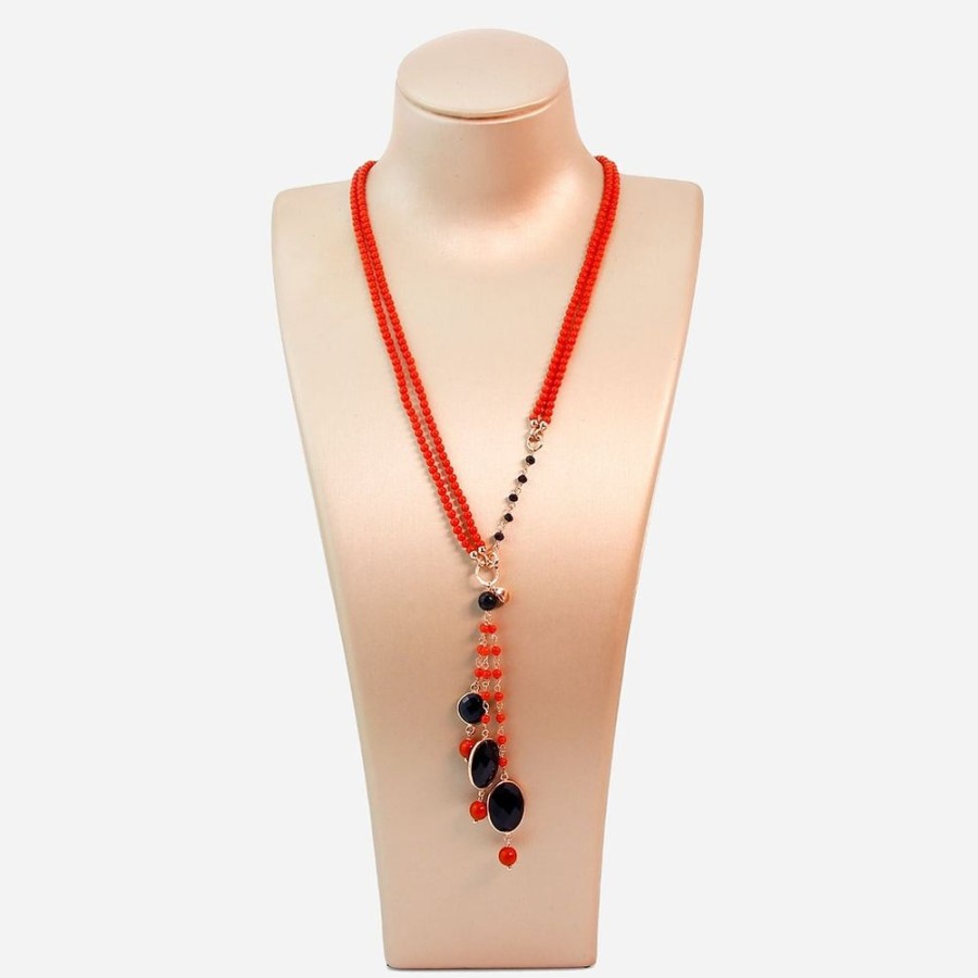 Collane Marakò Gioiello | Collana Aquarelle - Agata Nera E Corallo Bamboo Rosso