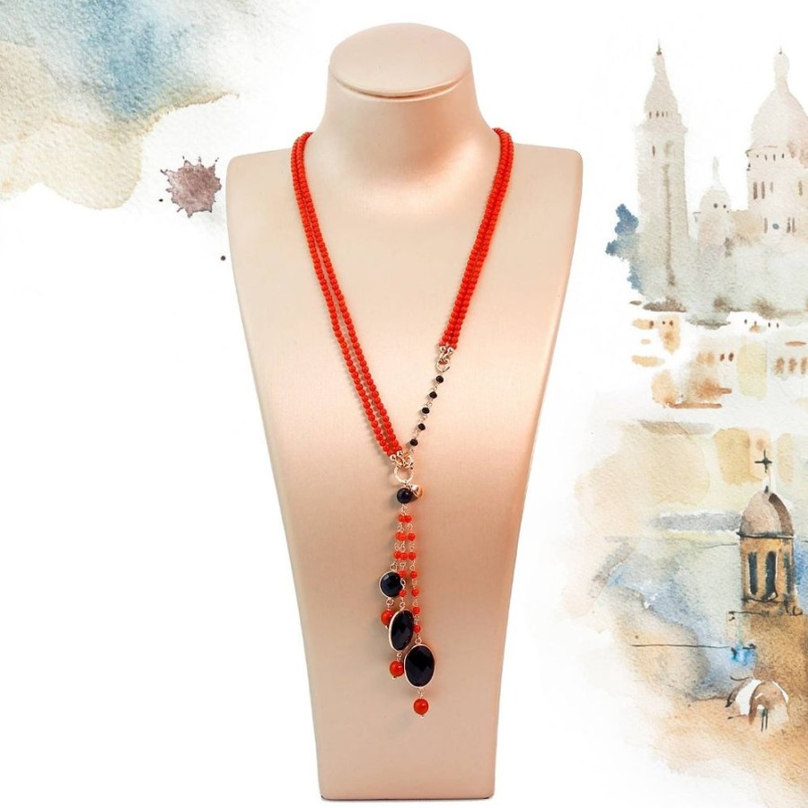 Collane Marakò Gioiello | Collana Aquarelle - Agata Nera E Corallo Bamboo Rosso