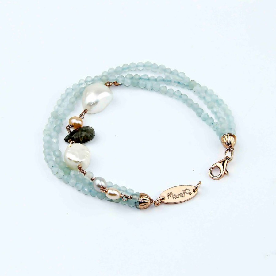 Bracciali Marakò Gioiello | Bracciale Acquamarina Diamond E Perle - Collezione Waterlily